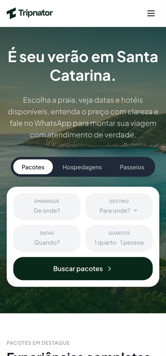 Página inicial responsiva do Tripnator